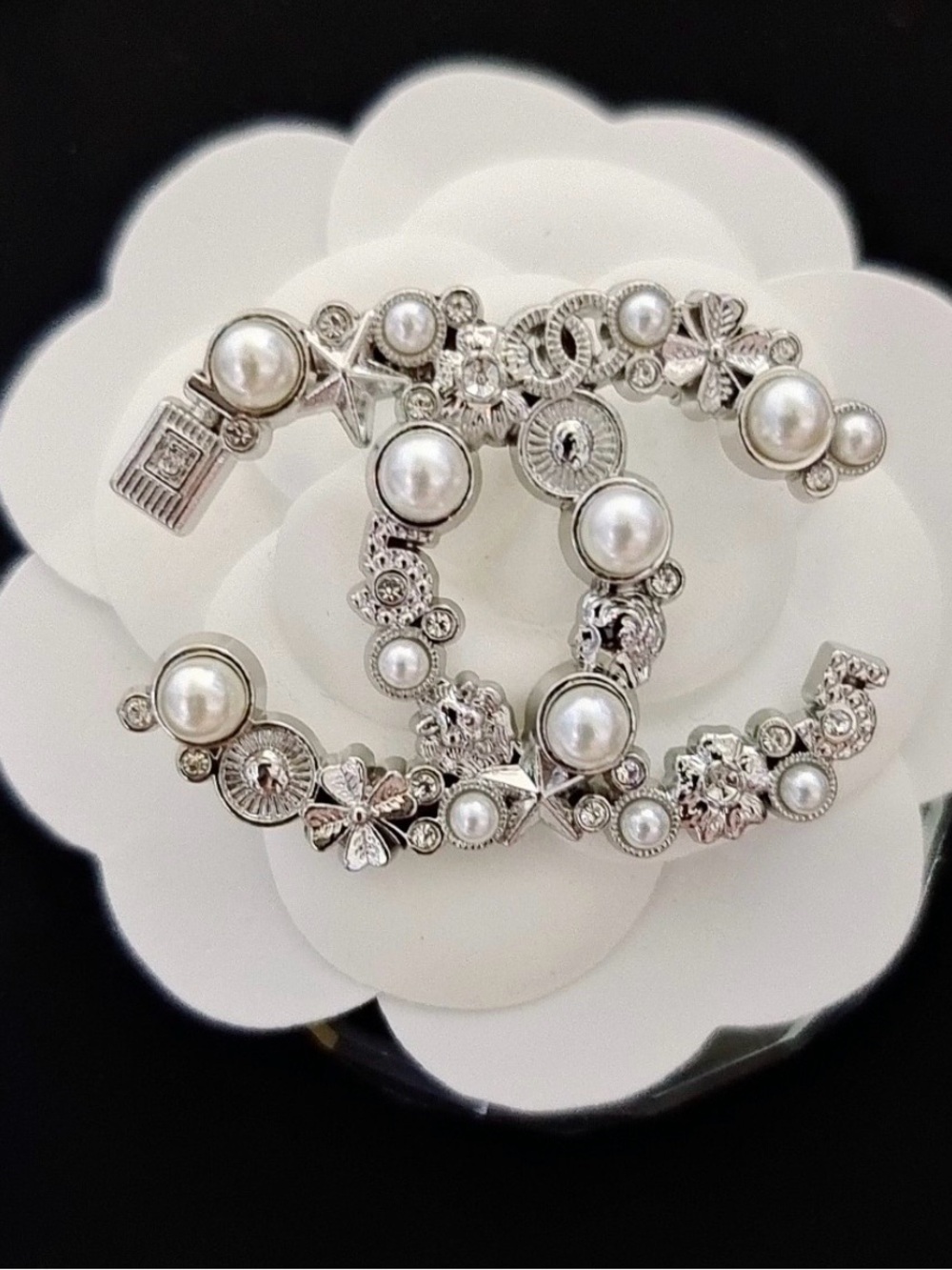 Double C Logo Silver-Tone Stars, Pearls, Perfume Bottle Ornate Brooch